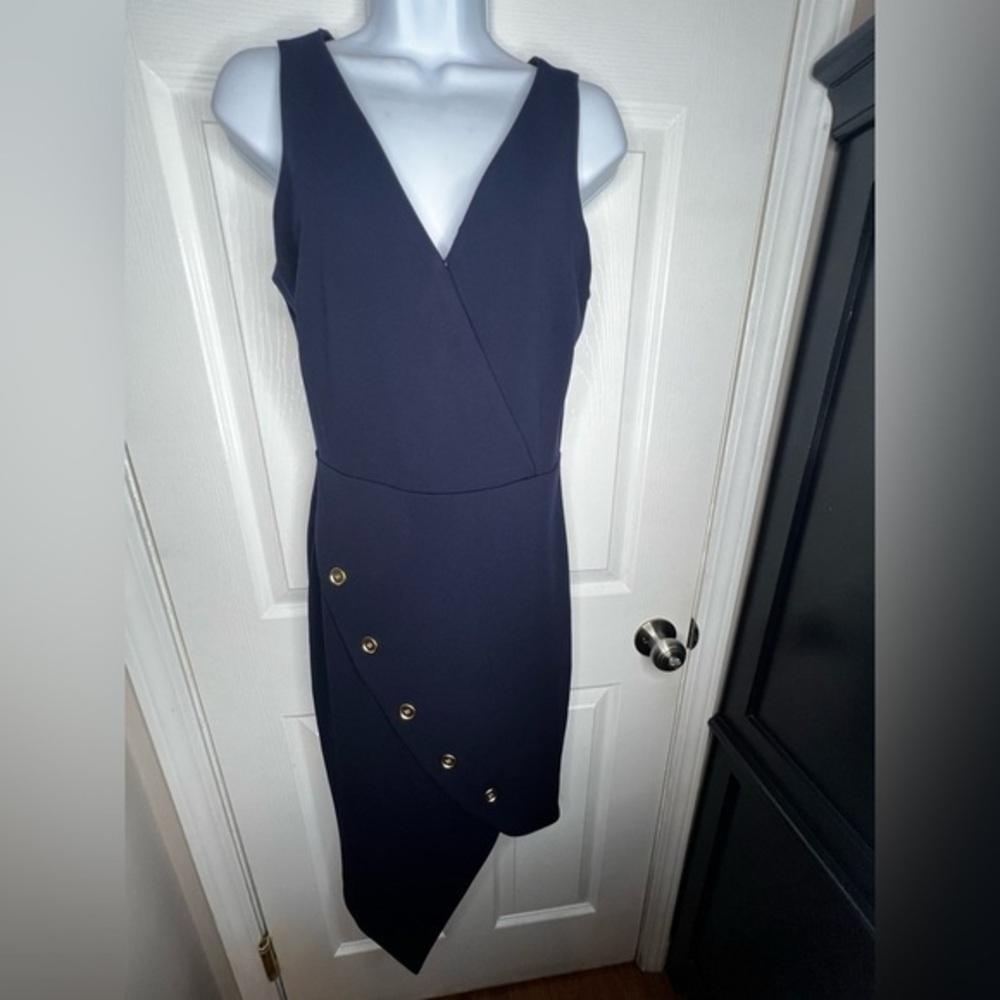 Nanette Lepore Women's 4 Midnight Blue V-Neck Asymmetric Sheath Dress S Button